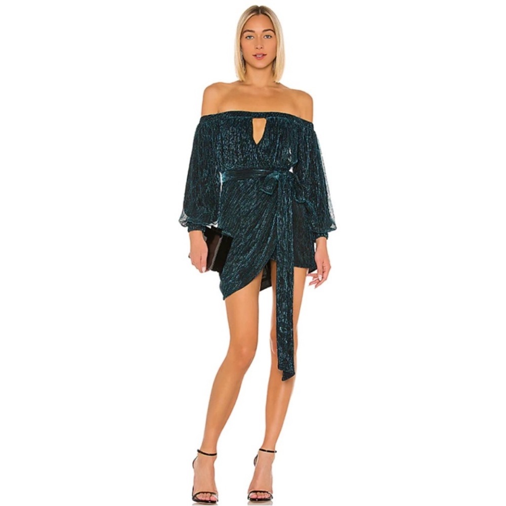 Michael Costello x Revolve Hemma Metallic Blue Off-the-Shoulder Mini Dress NWT - Picture 6 of 8